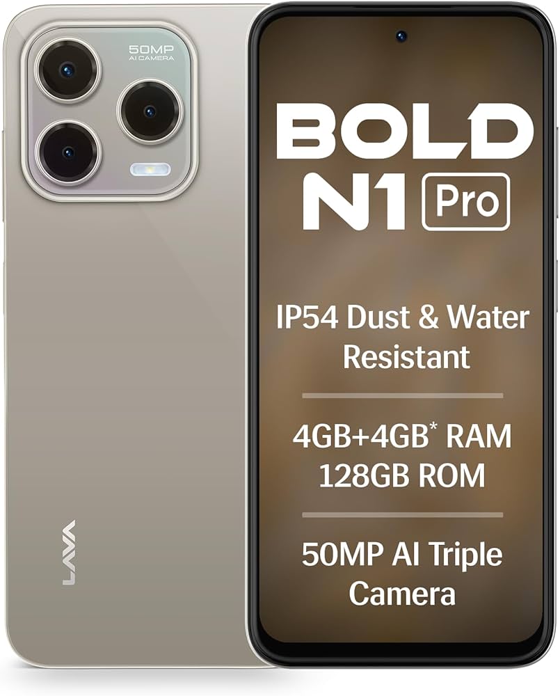 Image of Lava Bold N1 Pro (Titanium Gold, 4 GB RAM, 128 GB Storage)| Bigger 6.67" HD+ IP54 Display | 120 Hz Refresh Rate | 50 MP AI Triple Rear Camera | 8 MP Front Camera| 5000 mAh Battery | Charger in Box